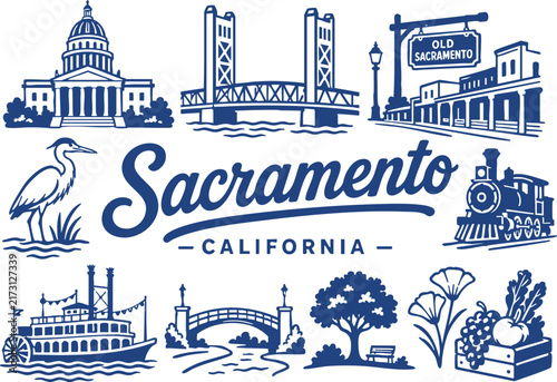 Sacramento, California Travel Vector Set with Capitol, Tower Bridge, Riverboat, and City Icons