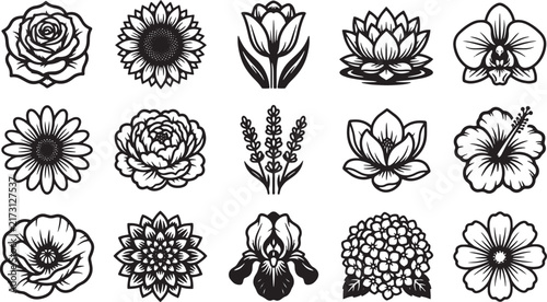 Floral Blossoms Garden Flowers and Botanical Line Art Vector Icon Set