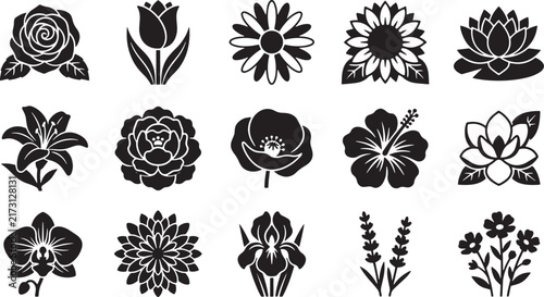 Botanical Flowers Blossom Garden Flora Solid Vector Icon Set