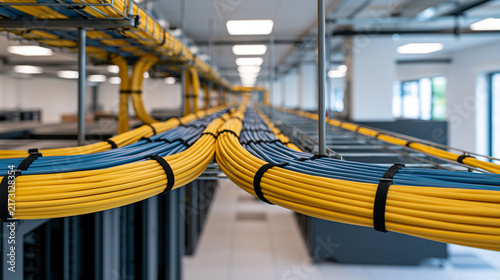 Ceiling-mounted cable ladder carrying bundled data and power lines through a bright modern technical facility, wide-angle clean architecture and precise routing, cable ladder, data cables,