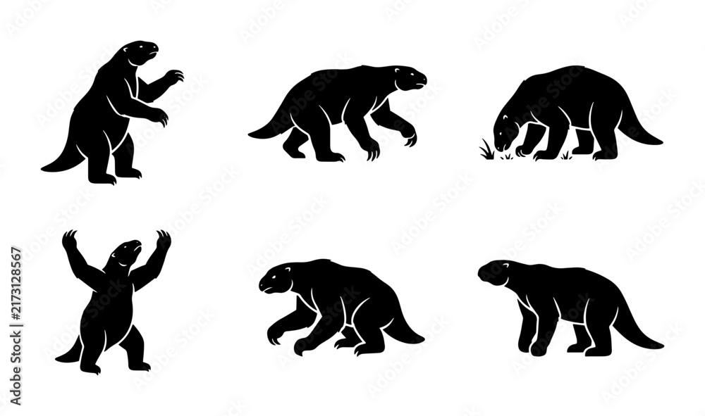 Naklejka premium 70 Set of Six Black Silhouette Illustrations of Ground Sloths in Various Poses, Ancient Mammal Vector Graphics for Educational and Design Projects 100