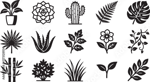 Botanical Plants Foliage Houseplants and Leaves Vector Icon Set