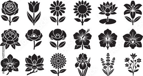Botanical Flowers Blossom Garden Flora Solid Vector Icon Set