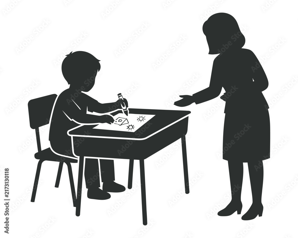 Fototapeta premium Teacher and student in classroom scene silhouette vector graphic