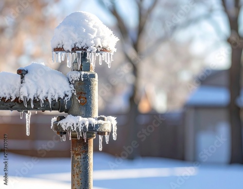 Snow and icicles on an exposed metal pipe in cold winter weather