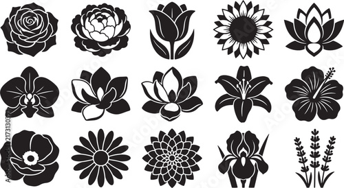 Botanical Floral Blossoms Garden Flowers Silhouette Vector Icon Set