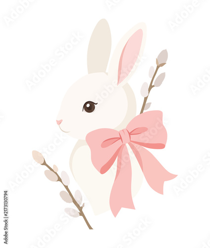 Cute pastel bunny illustration wearing a large pink bow, surrounded by delicate pussy willow branches. Soft minimal nursery-style artwork with a gentle spring and Easter-inspired aesthetic on a white 