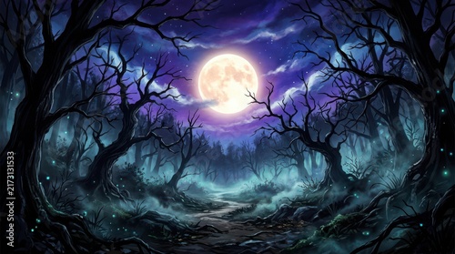 Full moon shining over a dark spooky forest with silhouette trees in a night landscape perfect for horror and halloween themes