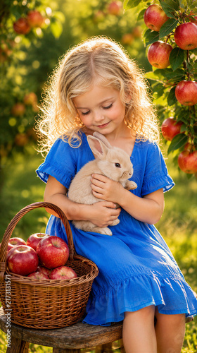 A fair-haired girl in a blue dress gently holds a rabbit next to a basket of red apples in a sunny garden during the autumn harvest. Girl with a rabbit.
