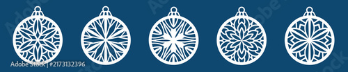 Christmas ball laser cut template vector set. Snowflake Christmas balls hanging decorations for cnc router.