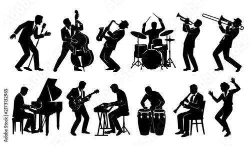 SEO Title:
Dynamic Jazz Musicians Performing Black Silhouette Vector Clipart Collection