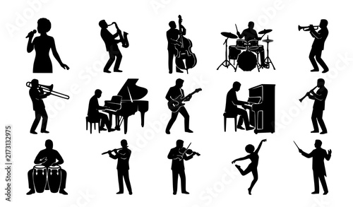 SEO Title:
Jazz Musician Singer Saxophonist Bassist Drummer and Trumpet Silhouette Icons