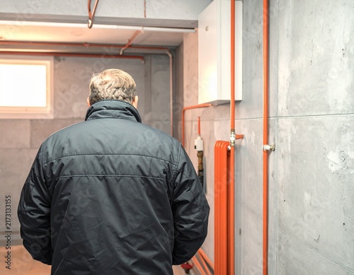 Rear view of a man beside orange plumbing pipes in an indoor utility space
