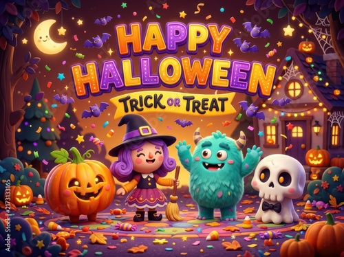 Happy halloween trick or treat banner with cute cartoon witch monster and skull character for children holiday party celebration
