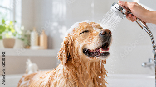 A happy, wet Border Collie being washed with a shower and soapy lather in a bright bathroom; dog grooming, hygiene, and care; dog in the bathtub.