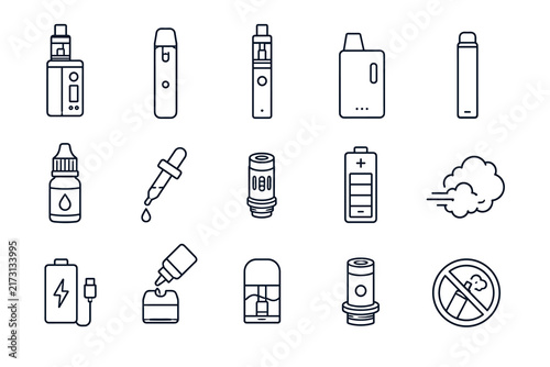 Vaping and E-Cigarette Line Icon Set – Vape Devices, Pods, E-Liquid, Battery and No Vaping Symbols