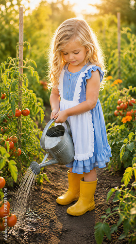 A fair-haired girl in a blue dress and yellow boots waters tomato plants from a metal watering can in a sunny vegetable garden during the 
