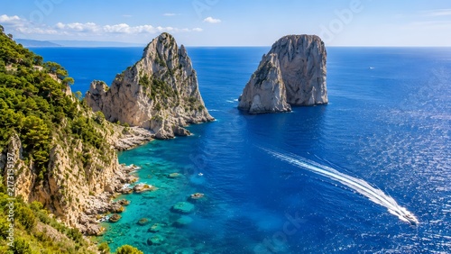 Massive Faraglioni sea stacks rising dramatically from deep blue Mediterranean sea in Capri Italy