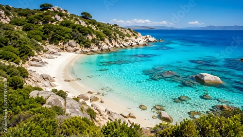 Hidden cove beach in Sardinia with white sand and crystal clear turquoise ocean water