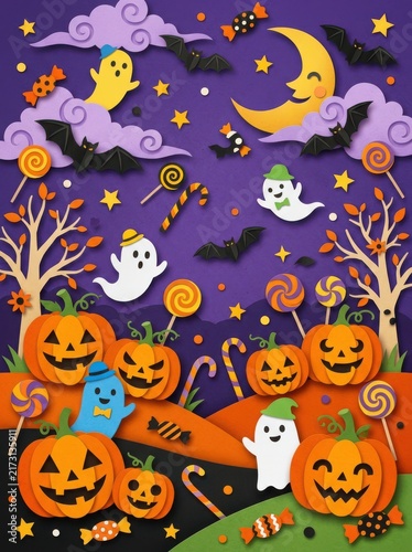Cute halloween background with smiling pumpkins ghosts bats and colorful candies under a crescent moon in a spooky dark night sky