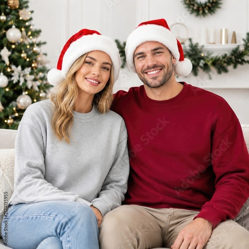 A cheerful couple in festive attire posing together in a beautifully decorated holiday setting.