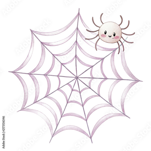 Cute watercolor illustration of a friendly spider on a web isolated