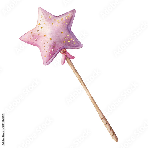 Cute watercolor illustration of a magic wand shaped like a pink star isolated
