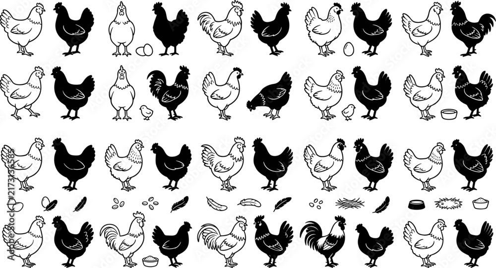 Obraz premium Chicken and rooster silhouette vector icon set featuring black solid stencils and linear illustrations of farm hens poultry eggs and nests