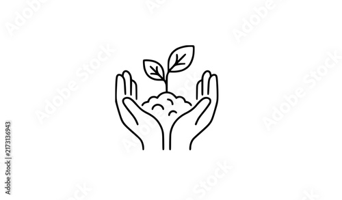 Hands Protecting Soil and Seedling Thin Line Vector Logo for Ecology and Organic Farming