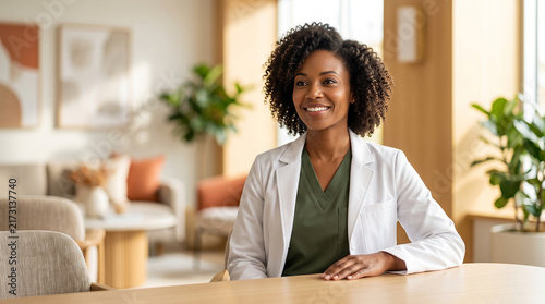 Friendly female doctor sitting in a comfortable modern clinic office perfect for demonstrating welcoming healthcare expert medicine and patient consultation