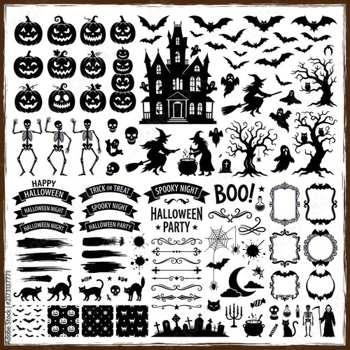 Halloween holiday collection with spooky pumpkin faces haunted house witch skeleton bat and festive party banners elements