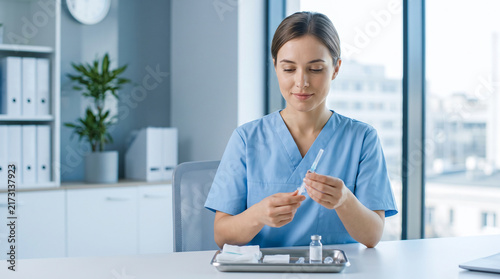 Professional female nurse preparing a medical syringe at a clinic desk perfect for demonstrating safe healthcare vaccinations and expert clinical treatments
