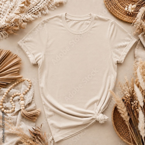 A minimalist beige t-shirt styled with decorative natural elements for a trendy, soft aesthetic.