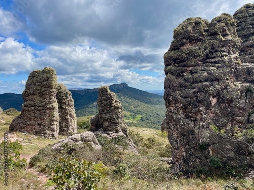 Eroded sandstone rock pillars rising above the Valle de Tucabaca wildlife reserve in Bolivia’s Chiquitania region.
