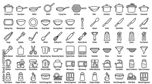 Obraz na plátně Modern Kitchen Essentials Outline Icon Collection Featuring Cookware, Cutlery, C