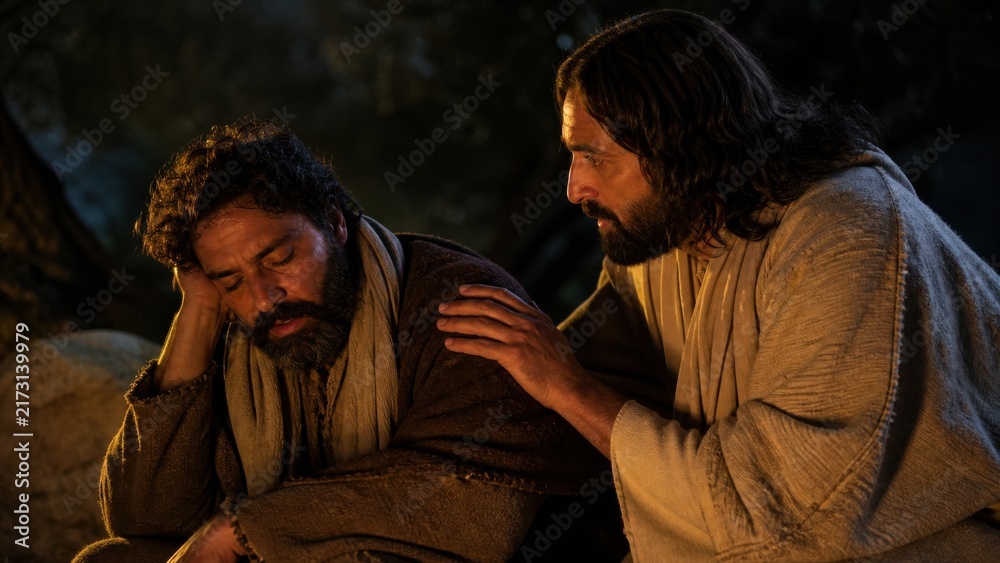 Fototapeta premium Jesus Christ comforting sleeping disciple in garden of Gethsemane at night. Biblical scene of prayer and sorrow in olive garden. Christian faith, Holy Week and Easter concept
