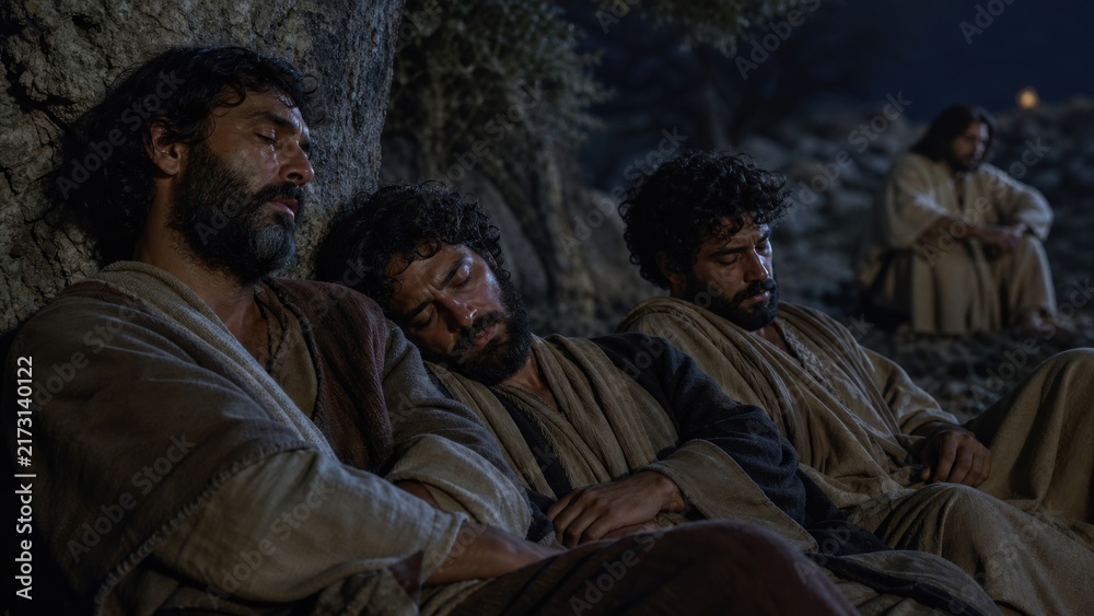 Obraz premium Tired disciples sleeping in Gethsemane garden while Jesus Christ prays alone at night. Biblical gospel scene of prayer, faith and temptation on Mount of Olives. Easter story