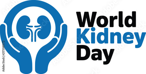 World Kidney Day medical logo, blue human hands holding kidney icons, healthcare awareness vector for urology and renal health