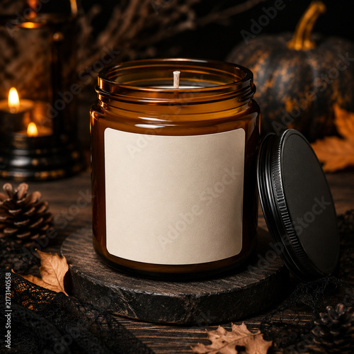 Stylish amber jar candle with a blank label, perfect for cozy settings and autumn decor, surrounded by natural elements.