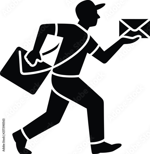 Postman silhouette running with mail envelope. Delivery man courier vector icon. Fast postal service worker with messenger bag.