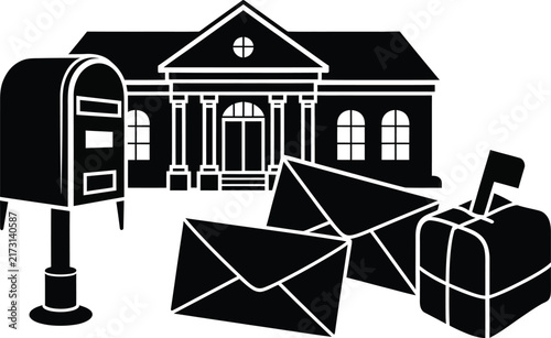 Post office building vector icon, black silhouette of postal service facility with mailbox and envelopes, mail delivery concept