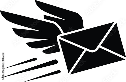 Flying envelope icon with wings, fast mail delivery symbol, black silhouette of express letter for logistics and shipping services