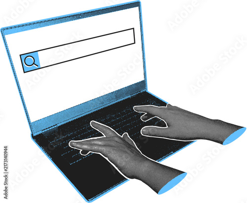 Halftone hands typing on laptop with search bar on screen on white background. Vector illustration for internet search, browsing, and online research concepts.