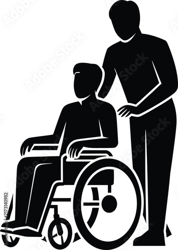 Caregiver pushing patient in wheelchair silhouette, medical assistance and disability support vector, healthcare worker helping disabled person