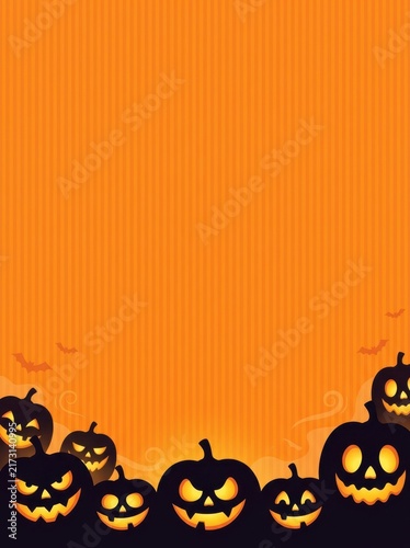 Group of spooky carved jack o lantern pumpkins with glowing faces on a bright orange background for a fun halloween holiday party design
