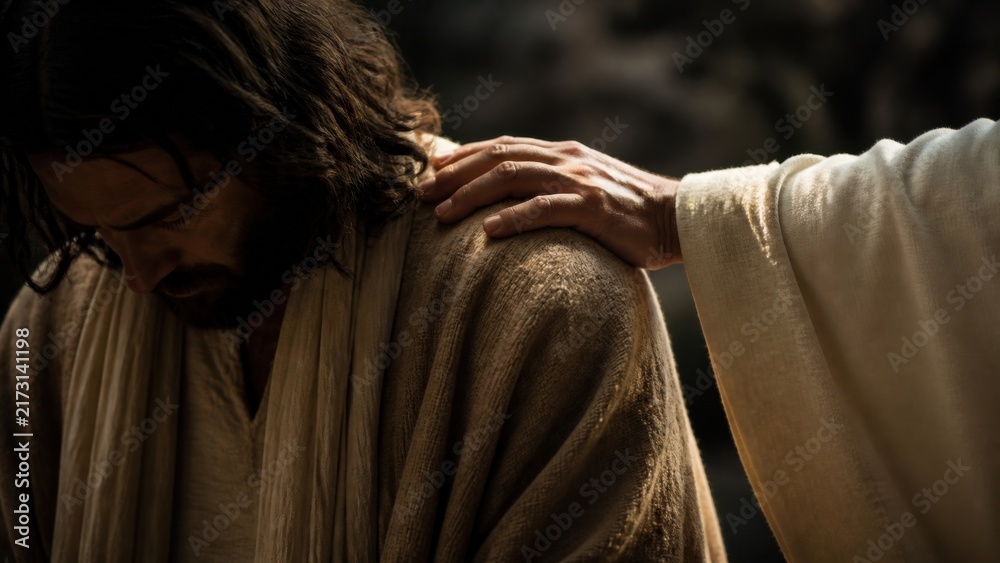Naklejka premium Angel hand on shoulder of Jesus praying in Gethsemane garden. Biblical scene of divine strengthening and comfort before crucifixion. Christian faith and Easter concept.