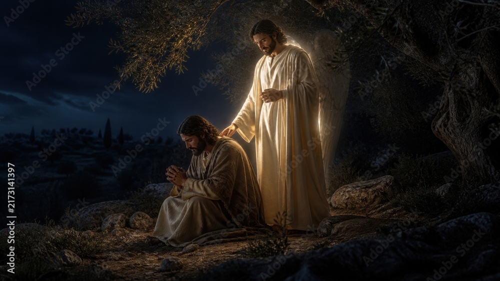 Naklejka premium Jesus praying in garden of Gethsemane at night. Angel from heaven strengthening son of God in prayer. Biblical scene of agony on mount of Olives. Christian faith and Easter concept