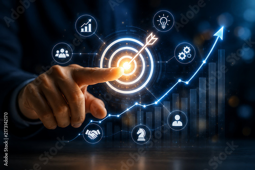 Digital target icon with arrow and growing graph for strategic business goal precision.