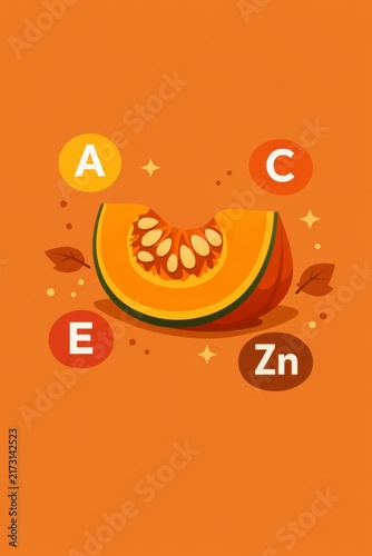 Pumpkin slice graphic with vitamin a c e and zinc icons for nutrition and health poster or food education background