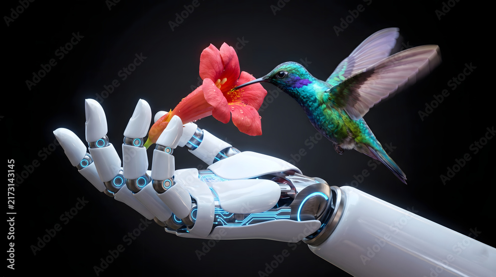 Fototapeta premium A sleek robotic hand holding a blooming red flower as a colorful hummingbird hovers to feed against a dark background.